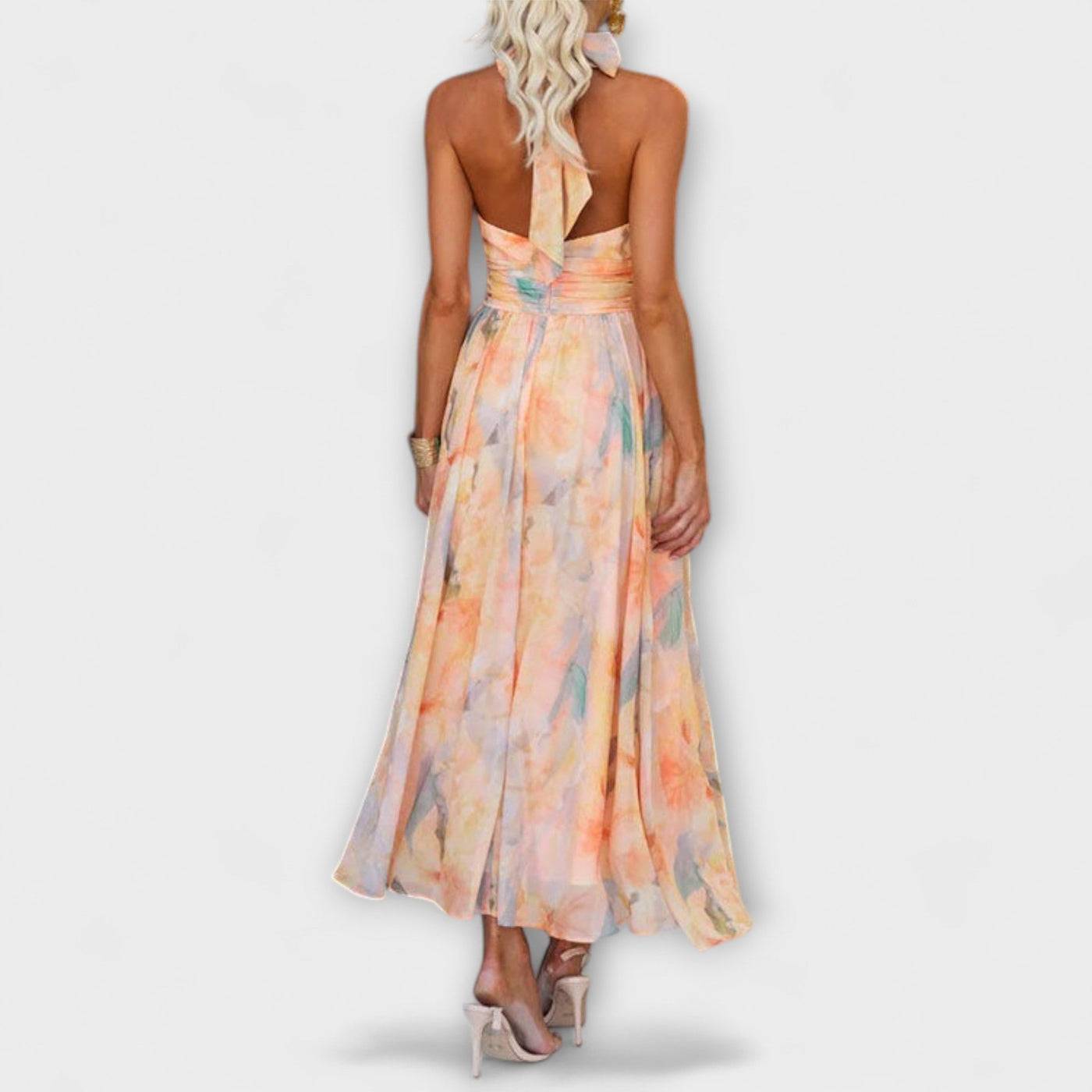 Abito Maxi con Stampa Aquarelle a Scollo Halter