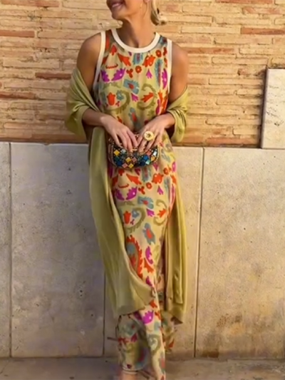 Set di Vestito Cardigan in Raso Stampato per Donne