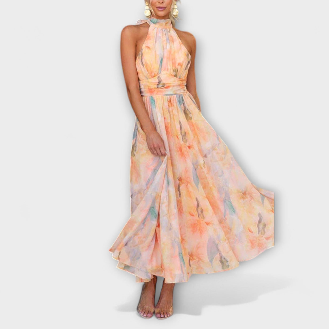 Abito Maxi con Stampa Aquarelle a Scollo Halter