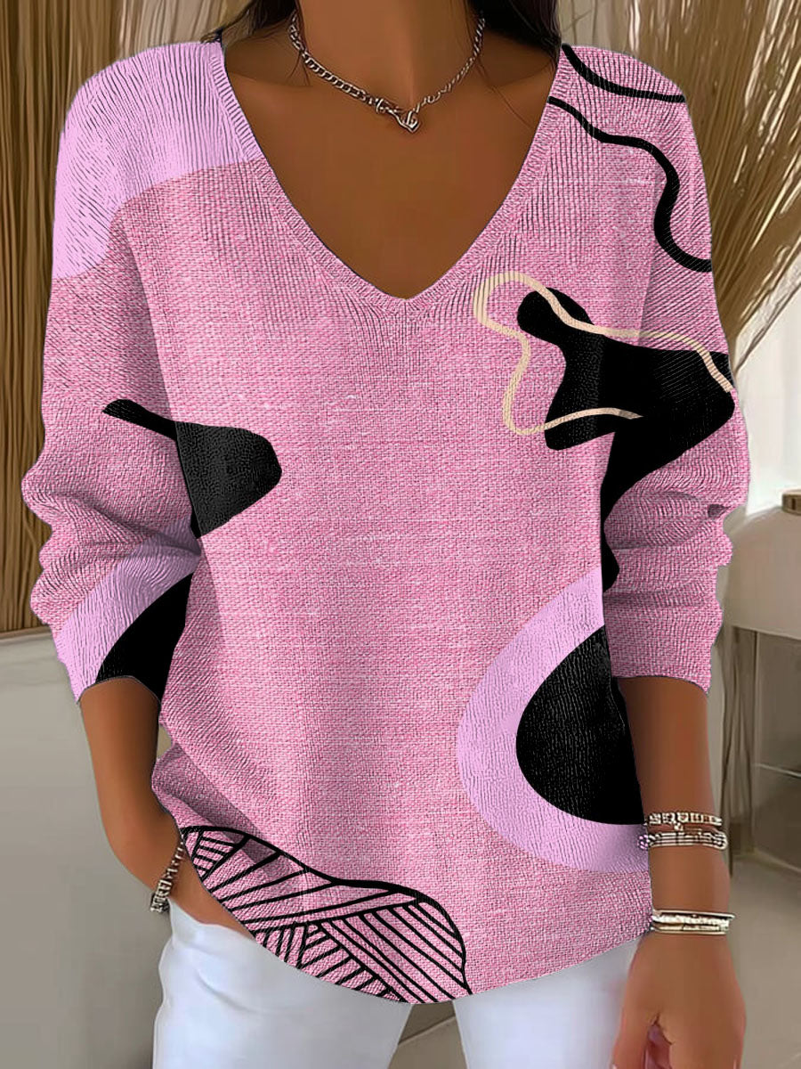 Pull casual in lana rosa con motivo artistico per donne