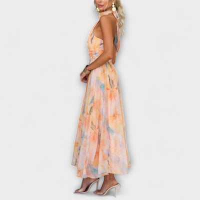 Abito Maxi con Stampa Aquarelle a Scollo Halter