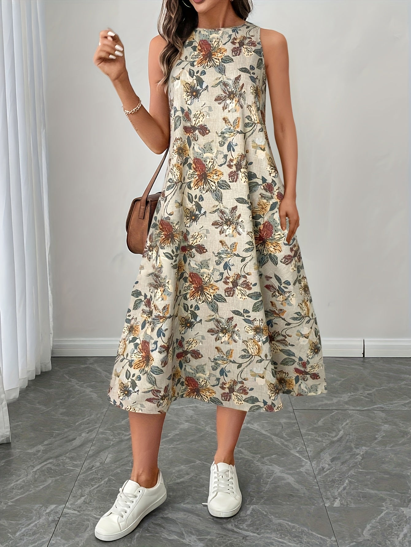 Abito A-Linie Senza Maniche con Stampa Floreale Elegante