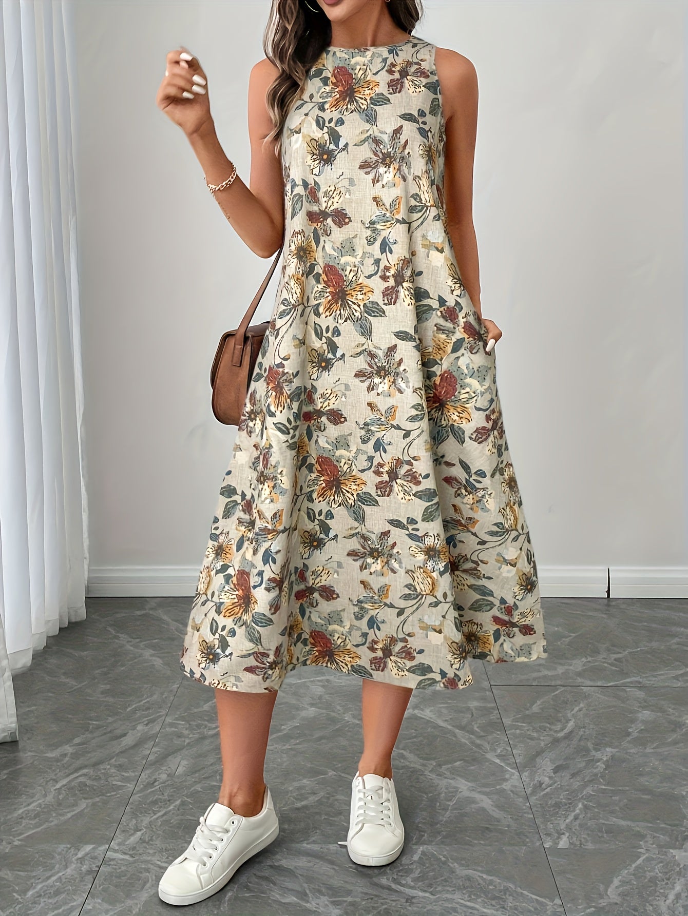 Abito A-Linie Senza Maniche con Stampa Floreale Elegante