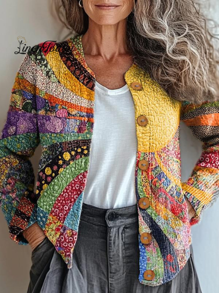 Cardigan in Maglia Bottonato Stampato di Fiori e Sole Caldo Colorato