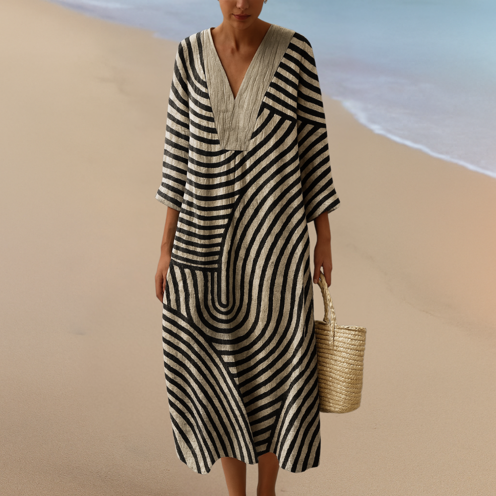 SOFIE | Maxi abito monocromatico con motivo geometrico – Taglio elegante in nero e beige
