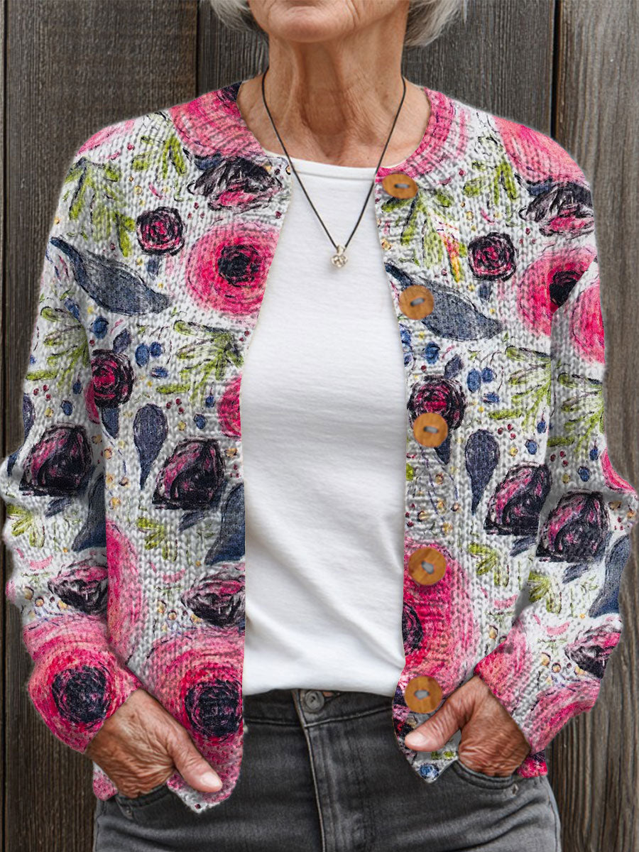 Stampa Artistica di Fiori Vintage Pullover Cardigan Button