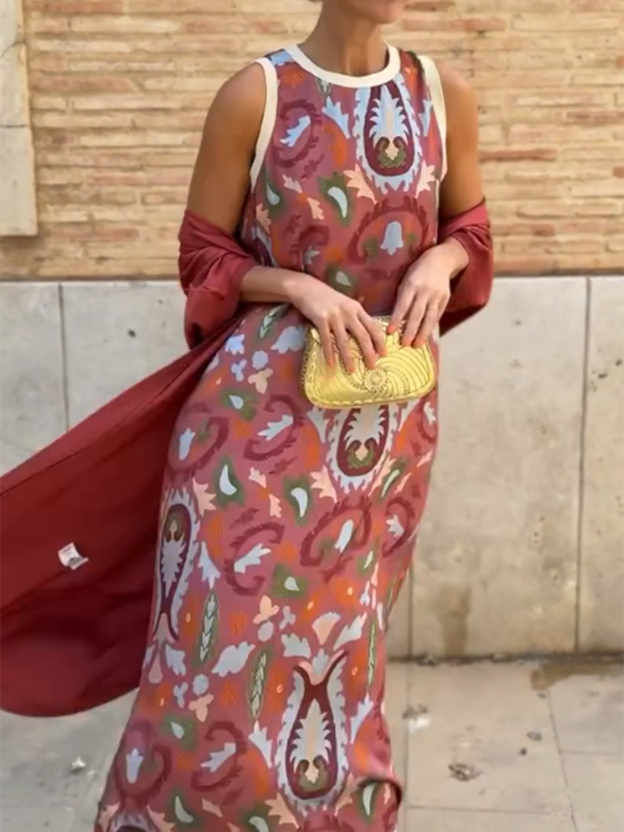 Set di Vestito Cardigan in Raso Stampato per Donne