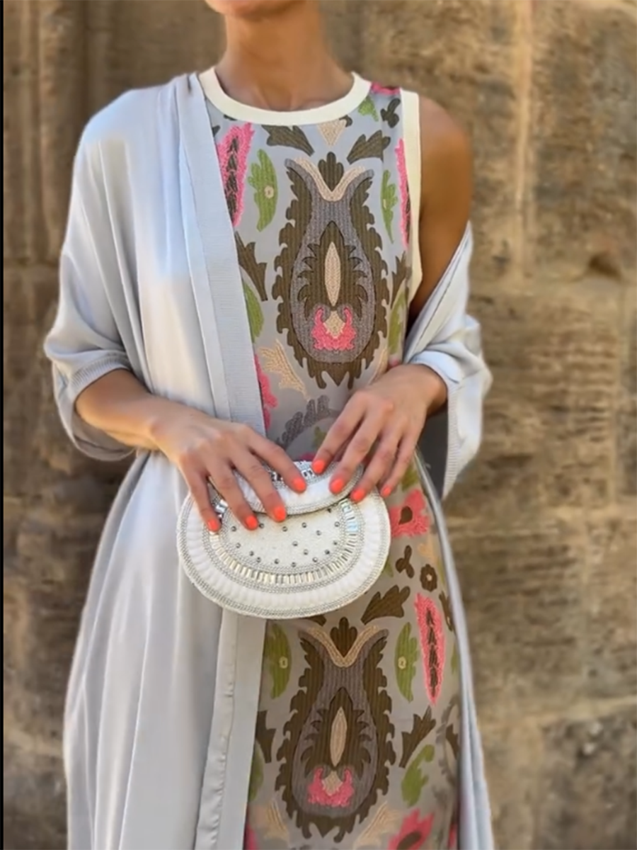 Set di Vestito Cardigan in Raso Stampato per Donne