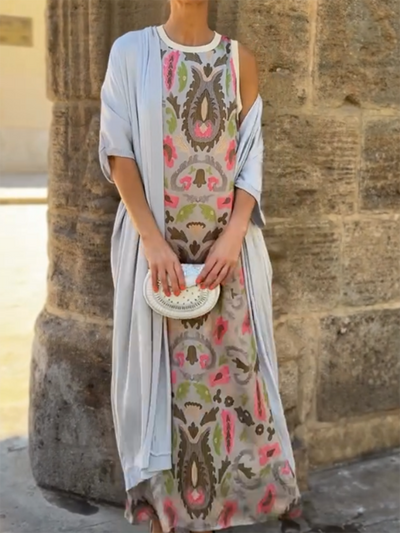 Set di Vestito Cardigan in Raso Stampato per Donne