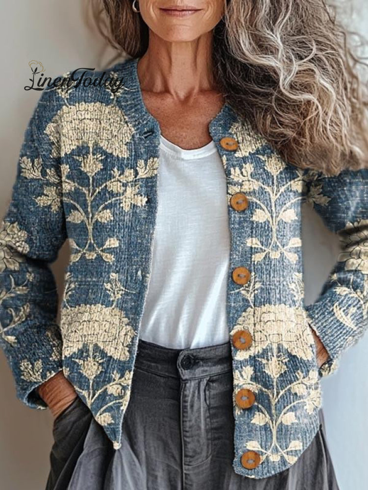Cardigan in lana bottonato con stampa floreale vintage per donne