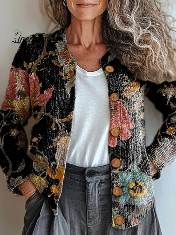 Cardigan in maglia con bottoni e stampa floreale vintage