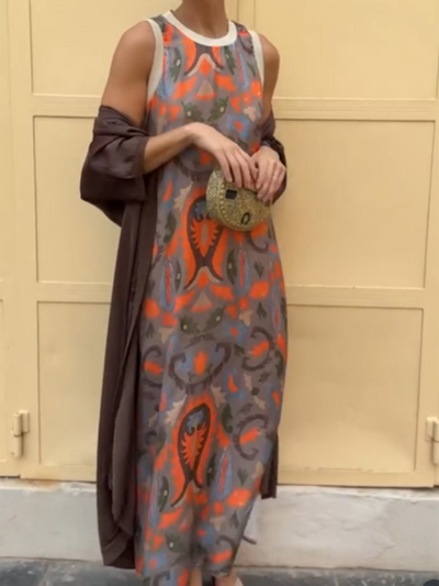 Set di Vestito Cardigan in Raso Stampato per Donne