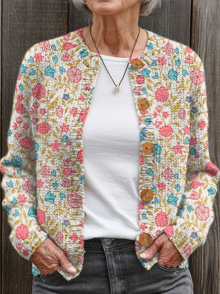 Cardigan Vintage con Stampa Artistica di Fiori