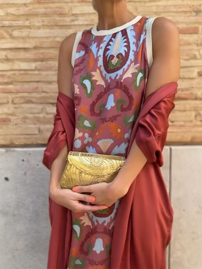 Set di Vestito Cardigan in Raso Stampato per Donne