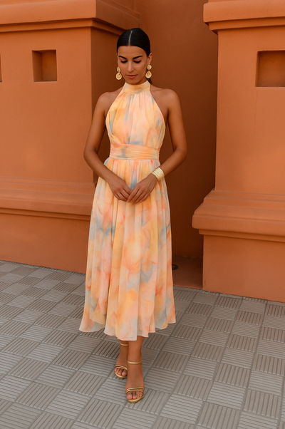 Klara | Abito Maxi con Scollo Halter e Stampa Acquerello